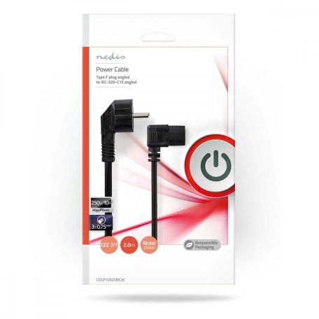 Tápkábel | Földelt Csatlakozó Dugó | IEC-320-C13 | Szögben | Szögben | Nikkelezett | 2.00 m | Kerek | PVC | Fekete | Boríték