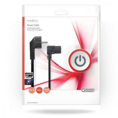 Tápkábel | Földelt Csatlakozó Dugó | IEC-320-C13 | Szögben | Szögben | Nikkelezett | 5.00 m | Kerek | PVC | Fekete | Boríték