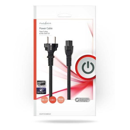 Tápkábel | Földelt Csatlakozó Dugó | IEC-320-C5 | Egyenes | Egyenes | Nikkelezett | 2.00 m | Kerek | PVC | Fekete | Boríték