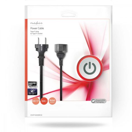 Tápkábel | Földelt Csatlakozó Dugó | Földelt Csatlakozó Aljzat | Egyenes | Egyenes | Nikkelezett | 3.00 m | Kerek | PVC | Fekete | Boríték