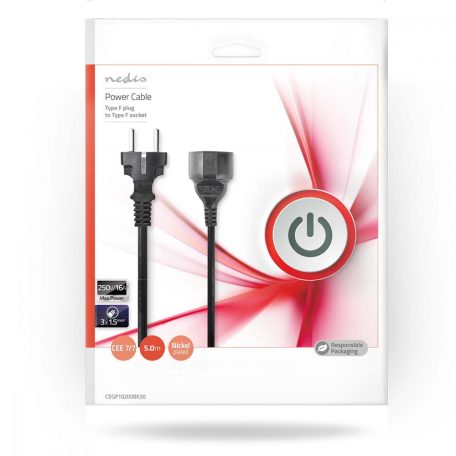 Tápkábel | Földelt Csatlakozó Dugó | Földelt Csatlakozó Aljzat | Egyenes | Egyenes | Nikkelezett | 5.00 m | Kerek | PVC | Fekete | Boríték