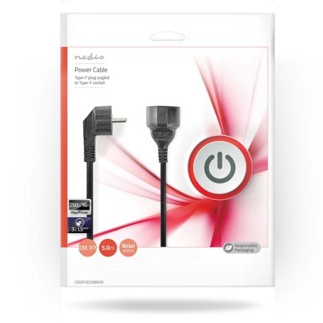 Tápkábel | Földelt Csatlakozó Dugó | Földelt Csatlakozó Aljzat | Szögben | Egyenes | Nikkelezett | 5.00 m | Kerek | PVC | Fekete | Boríték