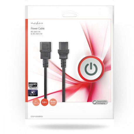 Tápkábel | IEC-320-C14 | IEC-320-C13 | Egyenes | Egyenes | Nikkelezett | 5.00 m | Kerek | PVC | Fekete | Boríték