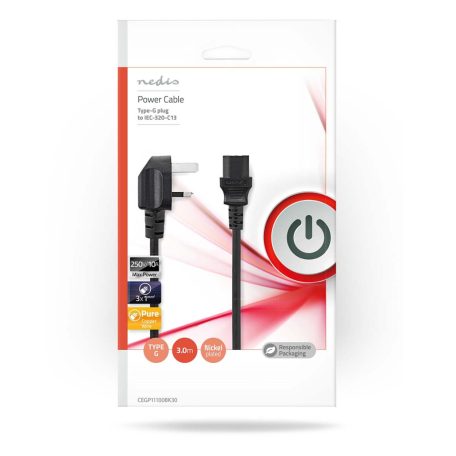 Tápkábel | Angol Dugasz | IEC-320-C13 | Szögben | Egyenes | Nikkelezett | 3.00 m | Kerek | PVC | Fekete | Boríték