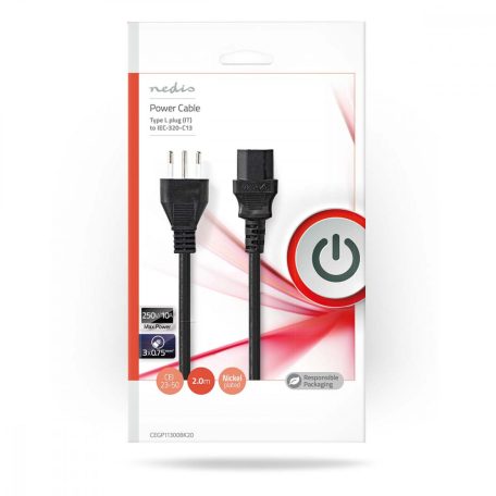 Tápkábel | Olasz Dugasz | IEC-320-C13 | Egyenes | Egyenes | Nikkelezett | 2.00 m | Kerek | PVC | Fekete | Boríték