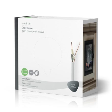 Koax Kábel Tekercsben | RG6T | 75 Ohm | Dupla Szigeteléssel | ECA | 50.0 m | Coax | PVC | Fehér | Ajándék Dobozban