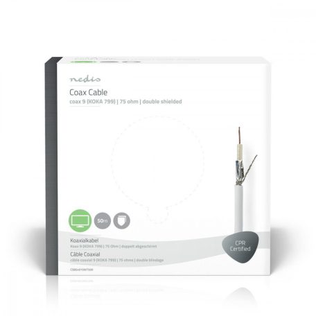 Koax Kábel Tekercsben | RG59 | 75 Ohm | Dupla Szigeteléssel | ECA | 50.0 m | Coax | PVC | Fehér | Ajándék Dobozban