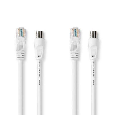 Koax és Cat6 Combi Cable | IEC (Koax) Dugasz / RJ45 Dugasz | IEC (Koax) Aljzat / RJ45 Dugasz | Nikkelezett | RG58 | 75 Ohm | Dupla Szigeteléssel | 1.50 m | Kerek | PVC | Fehér | Label