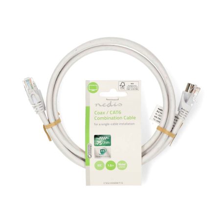 Koax és Cat6 Combi Cable | IEC (Koax) Dugasz / RJ45 Dugasz | IEC (Koax) Aljzat / RJ45 Dugasz | Nikkelezett | RG58 | 75 Ohm | Dupla Szigeteléssel | 1.50 m | Kerek | PVC | Fehér | Label