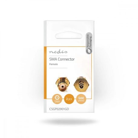 SMA Connector | Egyenes | Aljzat | Aranyozott | 50 Ohm | Bilincs | Bemenő kábel átmérő: 2.55 mm | Fém | Arany | 2 db | Boríték