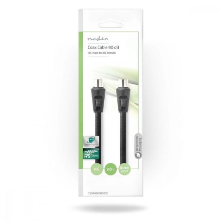 Koaxiális Kábel | IEC (Koax) Dugasz | IEC (Koax) Aljzat | Nikkelezett | 90 dB | 75 Ohm | Dupla Szigeteléssel | 3.00 m | Kerek | PVC | Fekete | Boríték