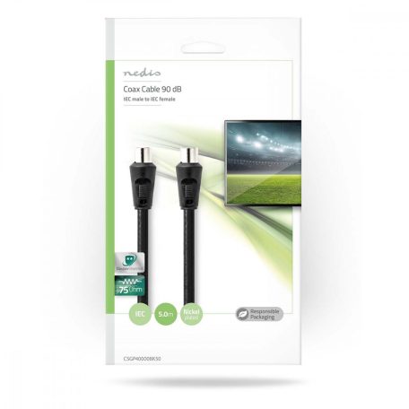 Koaxiális Kábel | IEC (Koax) Dugasz | IEC (Koax) Aljzat | Nikkelezett | 90 dB | 75 Ohm | Dupla Szigeteléssel | 5.00 m | Kerek | PVC | Fekete | Boríték