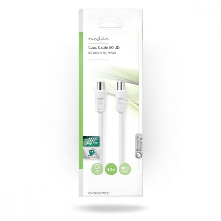 Koaxiális Kábel | IEC (Koax) Dugasz | IEC (Koax) Aljzat | Nikkelezett | 90 dB | 75 Ohm | Dupla Szigeteléssel | 3.00 m | Kerek | PVC | Fehér | Boríték