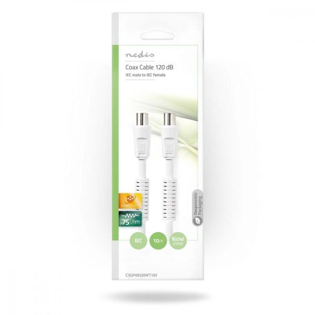 Koaxiális Kábel | IEC (Koax) Dugasz | IEC (Koax) Aljzat | Nikkelezett | 120 dB | 75 Ohm | Négyes Szigetelés | 10.0 m | Kerek | PVC | Fehér | Boríték