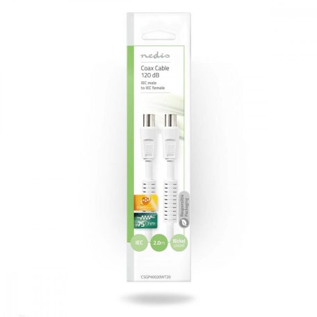 Koaxiális Kábel | IEC (Koax) Dugasz | IEC (Koax) Aljzat | Nikkelezett | 120 dB | 75 Ohm | Négyes Szigetelés | 2.00 m | Kerek | PVC | Fehér | Boríték