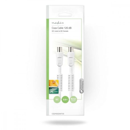 Koaxiális Kábel | IEC (Koax) Dugasz | IEC (Koax) Aljzat | Nikkelezett | 120 dB | 75 Ohm | Négyes Szigetelés | 3.00 m | Kerek | PVC | Fehér | Boríték