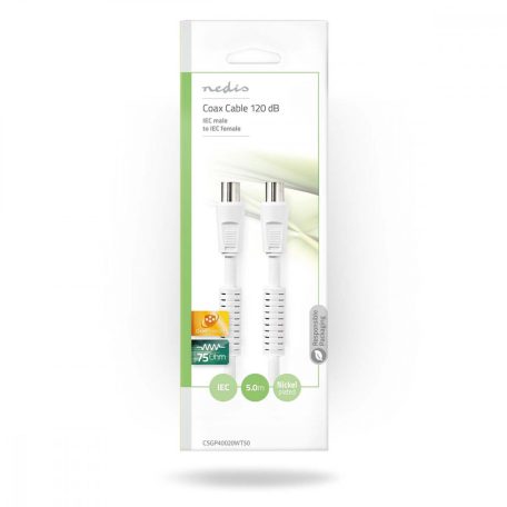 Koaxiális Kábel | IEC (Koax) Dugasz | IEC (Koax) Aljzat | Nikkelezett | 120 dB | 75 Ohm | Négyes Szigetelés | 5.00 m | Kerek | PVC | Fehér | Boríték