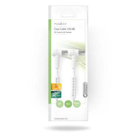 Koaxiális Kábel | IEC (Koax) Dugasz | IEC (Koax) Aljzat | Nikkelezett | 120 dB | 75 Ohm | Négyes Szigetelés | 10.0 m | Kerek | PVC | Fehér | Boríték