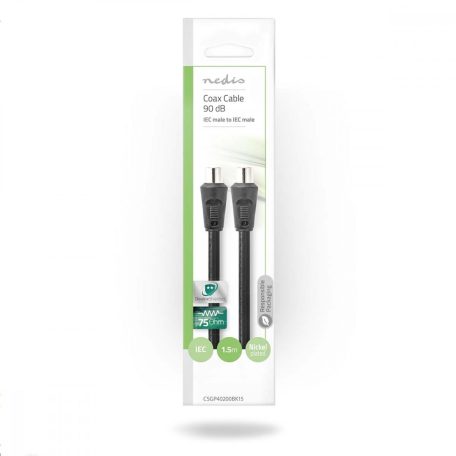 Koaxiális Kábel | IEC (Koax) Dugasz | IEC (Koax) Dugasz | Nikkelezett | 90 dB | 75 Ohm | Dupla Szigeteléssel | 1.50 m | Kerek | PVC | Fekete | Boríték