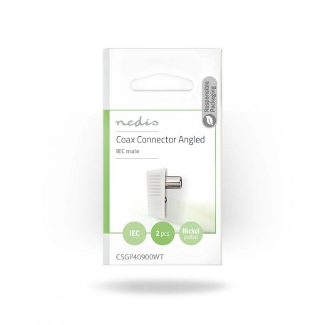 IEC (koax) csatlakozó | Szögben | Dugasz | Nikkelezett | 75 Ohm | Csavar | Bemenő kábel átmérő: 7.0 mm | Fém / PVC | Fehér | 2 db | Boríték
