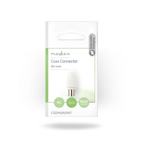 IEC (koax) csatlakozó | Egyenes | Dugasz | Nikkelezett | 75 Ohm | Csavar | Bemenő kábel átmérő: 7.0 mm | Fém / PVC | Fehér | 2 db | Boríték