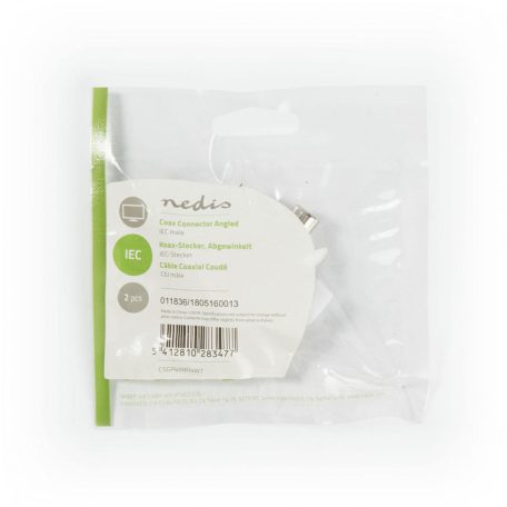 IEC (koax) csatlakozó | Szögben | Dugasz | Nikkelezett | 75 Ohm | Csavar | Bemenő kábel átmérő: 7.0 mm | Fém / PVC | Fehér | 2 db | Műanyag Zacskó