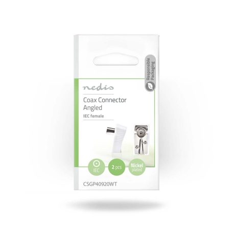 IEC (koax) csatlakozó | Szögben | Aljzat | Nikkelezett | 75 Ohm | Csavar | Bemenő kábel átmérő: 7.0 mm | Fém / PVC | Fehér | 2 db | Boríték