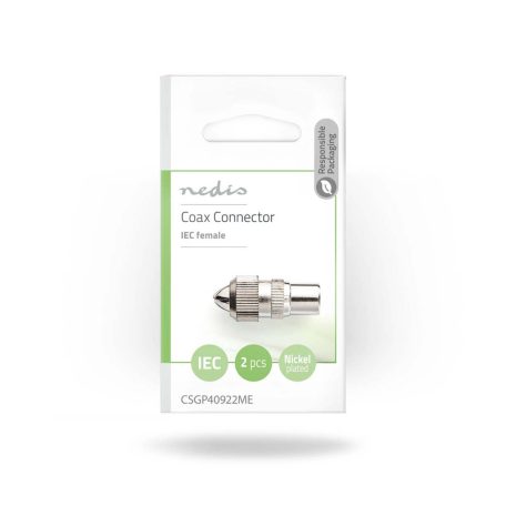 IEC (koax) csatlakozó | Egyenes | Aljzat | Nikkelezett | 75 Ohm | Csavar | Bemenő kábel átmérő: 7.0 mm | Fém | Ezüst | 2 db | Boríték