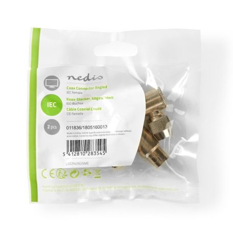 IEC (koax) csatlakozó | Szögben | Aljzat | Nikkelezett | 75 Ohm | Csavar | Bemenő kábel átmérő: 7.0 mm | Fém | Ezüst | 2 db | Műanyag Zacskó