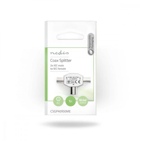 Műholdas és antenna adapter | 2x Coax Dugasz | IEC (Koax) Aljzat | Nikkelezett | 75 Ohm | T elosztó | Fém | Ezüst | 1 db | Boríték