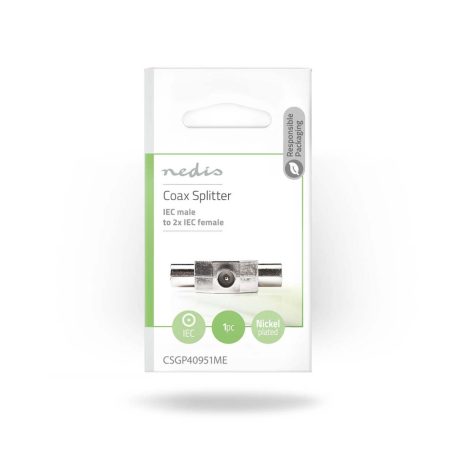 Műholdas és antenna adapter | IEC (Koax) Dugasz | 2x Coax Aljzat | Nikkelezett | 75 Ohm | T elosztó | Fém | Ezüst | 1 db | Boríték