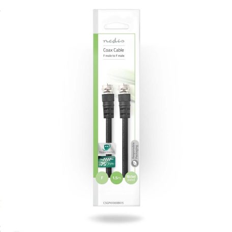 Műhold és antenna kábel | F Dugasz | F Dugasz | Nikkelezett | 75 Ohm | Dupla Szigeteléssel | 1.50 m | Kerek | PVC | Fekete | Boríték