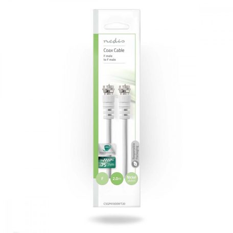 Műhold és antenna kábel | F Dugasz | F Dugasz | Nikkelezett | 75 Ohm | Dupla Szigeteléssel | 2.00 m | Kerek | PVC | Fehér | Műanyag Zacskó