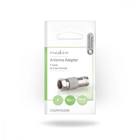 Műholdas és antenna adapter | F Dugasz | IEC (Koax) Aljzat | Nikkelezett | 75 Ohm | Egyenes | Fém | Ezüst | 10 db | Boríték