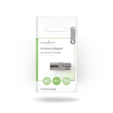 Műholdas és antenna adapter | IEC (Koax) Dugasz | F Aljzat | Nikkelezett | 75 Ohm | Egyenes | Fém | Ezüst | 10 db | Műanyag Zacskó