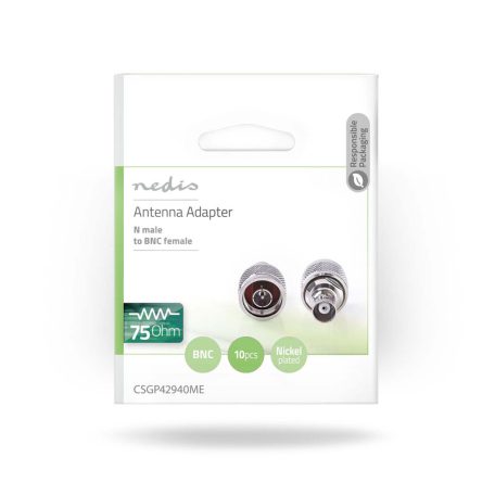 Műholdas és antenna adapter | N Dugasz | BNC Aljzat | Nikkelezett | 50 Ohm | Egyenes | Fém | Ezüst | 10 db | Boríték