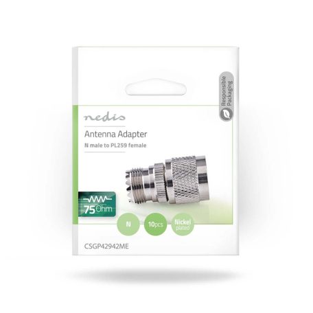 Műholdas és antenna adapter | N Dugasz | PL259 Aljzat | Nikkelezett | 75 Ohm | Egyenes | Fém | Ezüst | 10 db | Boríték