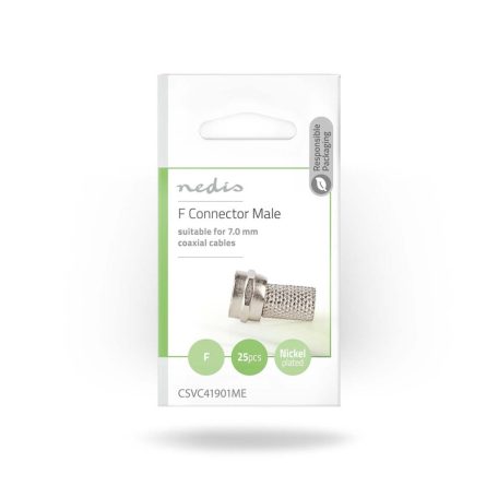 F-csatlakozó | Egyenes | Dugasz | Nikkelezett | 75 Ohm | Rácsavarható | Bemenő kábel átmérő: 7.0 mm | Zinc Alloy | Ezüst | 25 db | Boríték