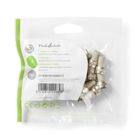 F-csatlakozó | Egyenes | Dugasz | Nikkelezett | 75 Ohm | Rácsavarható | Bemenő kábel átmérő: 6.4 mm | Zinc Alloy | Ezüst | 25 db | Műanyag Zacskó