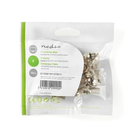 F-csatlakozó | Egyenes | Dugasz | Nikkelezett | 75 Ohm | Rácsavarható | Bemenő kábel átmérő: 5.0 mm | Zinc Alloy | Ezüst | 25 db | Műanyag Zacskó