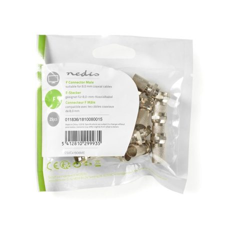 F-csatlakozó | Egyenes | Dugasz | Nikkelezett | 75 Ohm | Rácsavarható | Bemenő kábel átmérő: 7.5 mm | Zinc Alloy | Ezüst | 25 db | Műanyag Zacskó