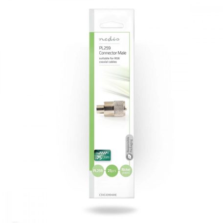 PL259 Connector | Egyenes | Dugasz | Nikkelezett | 75 Ohm | Forrasztó | Bemenő kábel átmérő: 7.0 mm | Fém | Ezüst | 25 db | Boríték