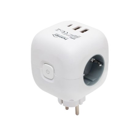 Home CUBE1 kocka elosztó USB töltővel, 3 aljzat gyermekvédelemmel, 1db USB C, 2db  USB A, max. 3680 W