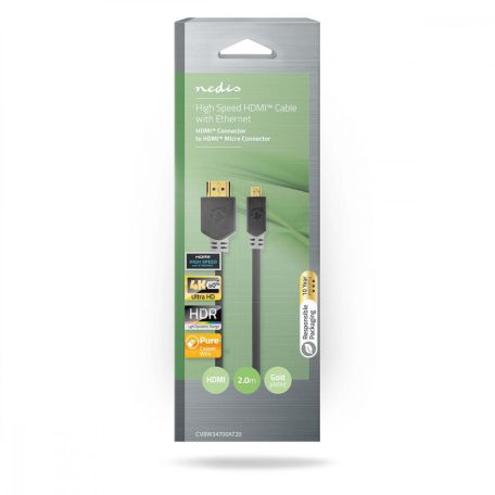 Nagy Sebességű HDMI ™ kábel Ethernet | HDMI™ Csatlakozó | HDMI™ Micro Csatlakozó | 4K@30Hz | 10.2 Gbps | 2.00 m | Kerek | PVC | Antracit | Ablakos Doboz