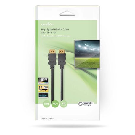 Nagy Sebességű HDMI ™ kábel Ethernet | HDMI™ Csatlakozó | HDMI™ Csatlakozó | 4K@30Hz | ARC | 10.2 Gbps | 7.50 m | Kerek | PVC | Fekete | Buborékfólia