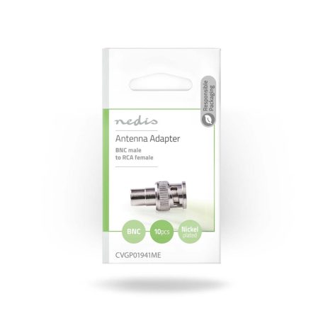 BNC adapter | BNC Dugasz | RCA Aljzat | Nikkelezett | 50 Ohm | Egyenes | Fém | Ezüst | 10 db | Boríték