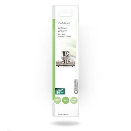 BNC adapter | BNC Dugasz | 2 db BNC-aljzat | Nikkelezett | 50 Ohm | T elosztó | Fém | Ezüst | 10 db | Műanyag Zacskó