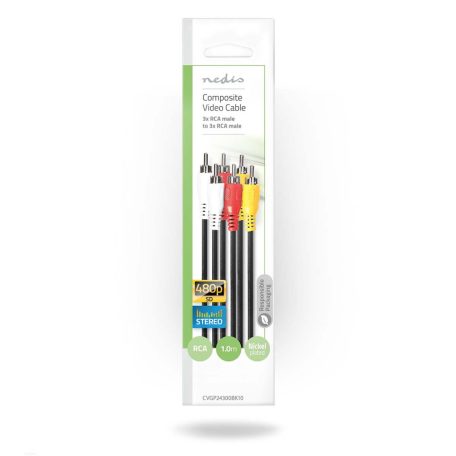 Kompozit Video kábel | 3x RCA Dugasz | 3x RCA Dugasz | Nikkelezett | 480p | 1.00 m | Kerek | PVC | Fekete | Műanyag Zacskó