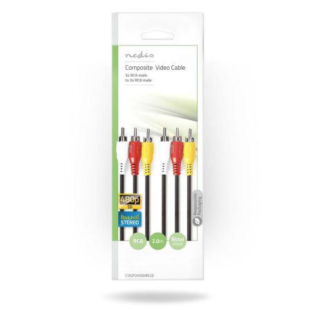 Kompozit Video kábel | 3x RCA Dugasz | 3x RCA Dugasz | Nikkelezett | 480p | 2.00 m | Kerek | PVC | Fekete | Boríték
