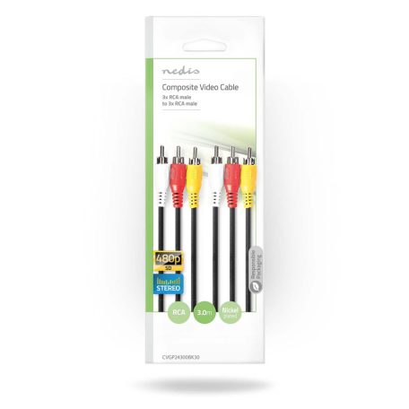 Kompozit Video kábel | 3x RCA Dugasz | 3x RCA Dugasz | Nikkelezett | 480p | 3.00 m | Kerek | PVC | Fekete | Boríték